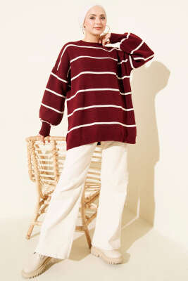 Yatay Çizgili Balon Kol Triko Tunik Bordo - Tunik