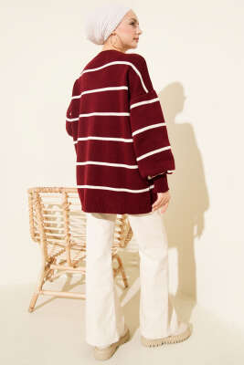 Yatay Çizgili Balon Kol Triko Tunik Bordo - Tunik