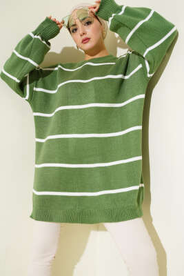 Yatay Çizgili Balon Kol Triko Tunik Çağla Yeşili 