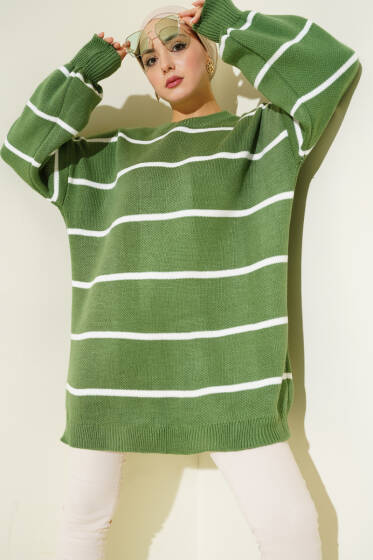 Yatay Çizgili Balon Kol Triko Tunik Çağla Yeşili - Tunik