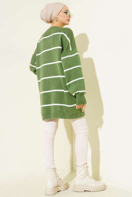 Yatay Çizgili Balon Kol Triko Tunik Çağla Yeşili - Tunik