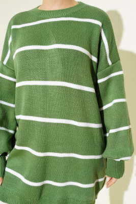 Yatay Çizgili Balon Kol Triko Tunik Çağla Yeşili - Tunik