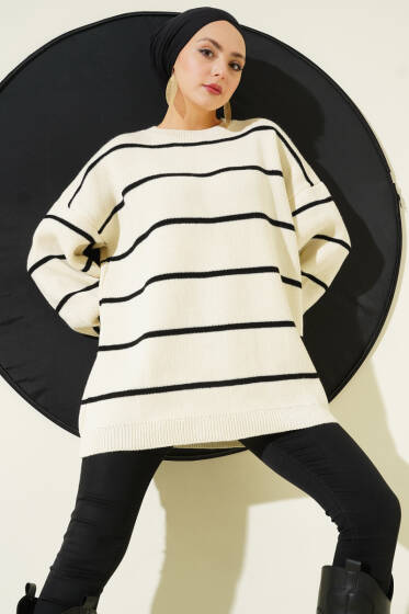 Yatay Çizgili Balon Kol Triko Tunik Ekru - Tunik