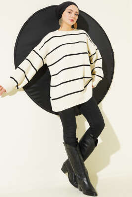 Yatay Çizgili Balon Kol Triko Tunik Ekru - Tunik