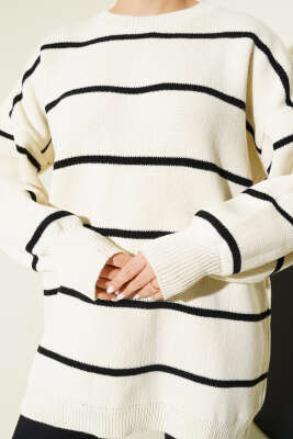 Yatay Çizgili Balon Kol Triko Tunik Ekru - Tunik