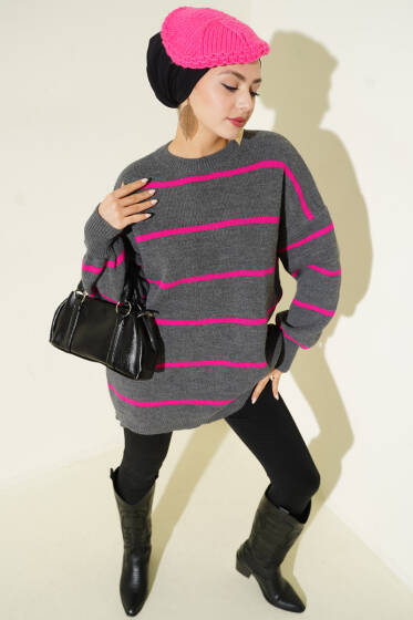 Yatay Çizgili Balon Kol Triko Tunik Füme - Tunik