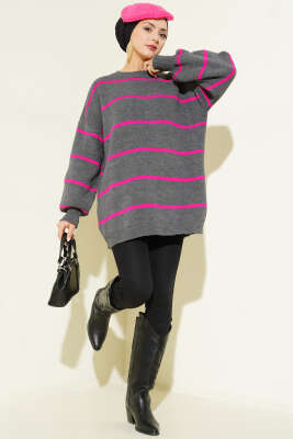 Yatay Çizgili Balon Kol Triko Tunik Füme - Tunik