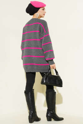 Yatay Çizgili Balon Kol Triko Tunik Füme - Tunik