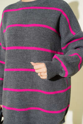 Yatay Çizgili Balon Kol Triko Tunik Füme - Tunik