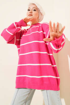 Yatay Çizgili Balon Kol Triko Tunik Fuşya 