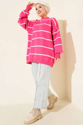 Yatay Çizgili Balon Kol Triko Tunik Fuşya - Günün Seçilenleri