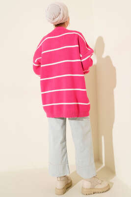 Yatay Çizgili Balon Kol Triko Tunik Fuşya - Günün Seçilenleri