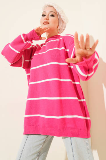 Yatay Çizgili Balon Kol Triko Tunik Fuşya - Tunik
