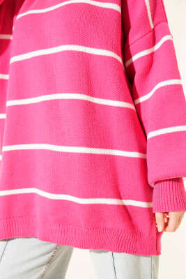 Yatay Çizgili Balon Kol Triko Tunik Fuşya - Tunik