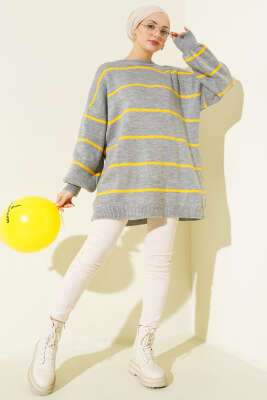 Yatay Çizgili Balon Kol Triko Tunik Gri - Tunik