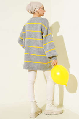 Yatay Çizgili Balon Kol Triko Tunik Gri - Tunik