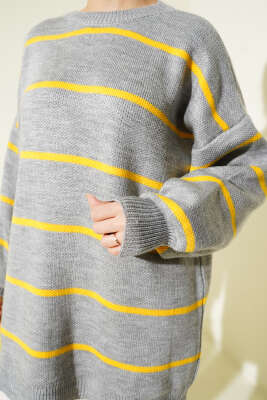 Yatay Çizgili Balon Kol Triko Tunik Gri - Tunik