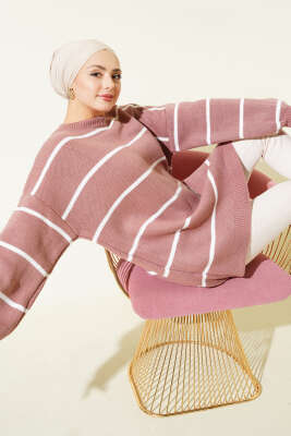 Yatay Çizgili Balon Kol Triko Tunik Gül Kurusu 