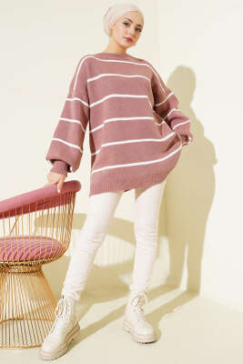 Yatay Çizgili Balon Kol Triko Tunik Gül Kurusu - Tunik