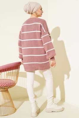 Yatay Çizgili Balon Kol Triko Tunik Gül Kurusu - Tunik