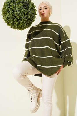 Yatay Çizgili Balon Kol Triko Tunik Haki - RAFİMİX