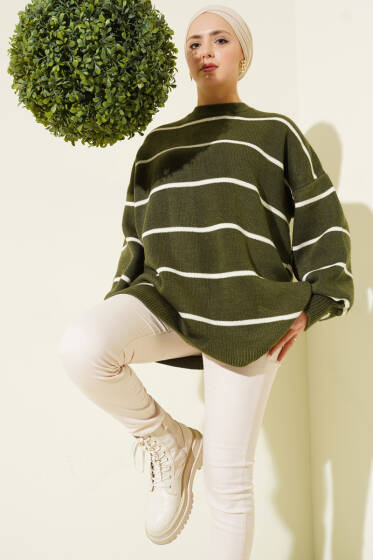 Yatay Çizgili Balon Kol Triko Tunik Haki - Tunik