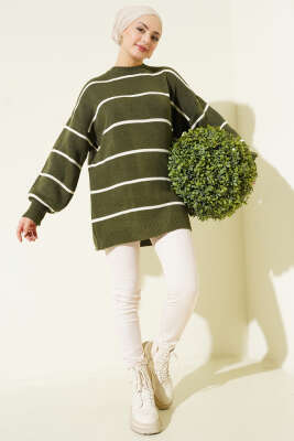 Yatay Çizgili Balon Kol Triko Tunik Haki - Tunik