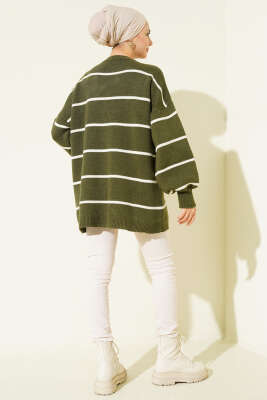 Yatay Çizgili Balon Kol Triko Tunik Haki - Tunik