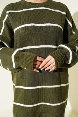 Yatay Çizgili Balon Kol Triko Tunik Haki - Tunik