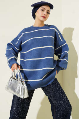 Yatay Çizgili Balon Kol Triko Tunik İndigo - RAFİMİX