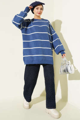 Yatay Çizgili Balon Kol Triko Tunik İndigo - Tunik