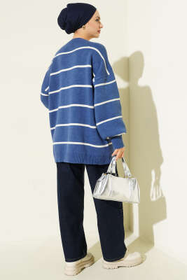 Yatay Çizgili Balon Kol Triko Tunik İndigo - Tunik