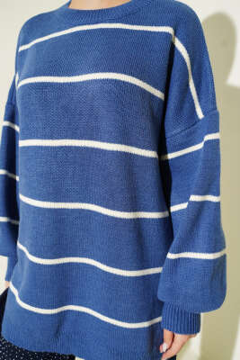 Yatay Çizgili Balon Kol Triko Tunik İndigo - Tunik