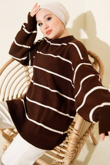Yatay Çizgili Balon Kol Triko Tunik Kahve - Tunik