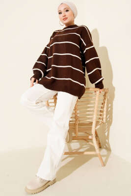 Yatay Çizgili Balon Kol Triko Tunik Kahve - Tunik