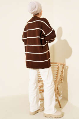 Yatay Çizgili Balon Kol Triko Tunik Kahve - Tunik