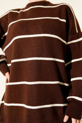 Yatay Çizgili Balon Kol Triko Tunik Kahve - Tunik