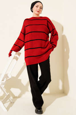 Yatay Çizgili Balon Kol Triko Tunik Kırmızı - Tunik