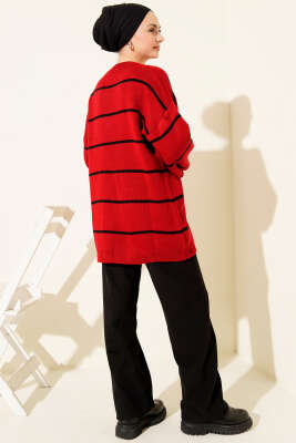 Yatay Çizgili Balon Kol Triko Tunik Kırmızı - Tunik