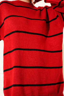 Yatay Çizgili Balon Kol Triko Tunik Kırmızı - Tunik