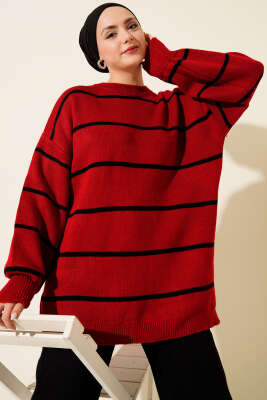Yatay Çizgili Balon Kol Triko Tunik Kırmızı 