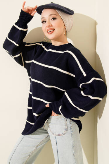 Yatay Çizgili Balon Kol Triko Tunik Lacivert - Günün Seçilenleri