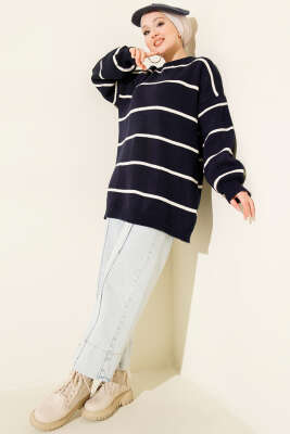 Yatay Çizgili Balon Kol Triko Tunik Lacivert - Günün Seçilenleri