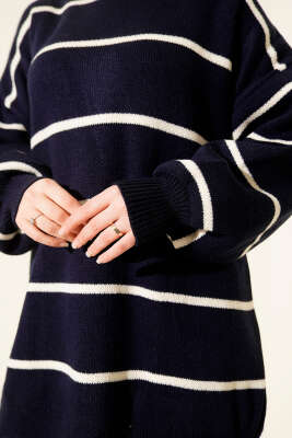 Yatay Çizgili Balon Kol Triko Tunik Lacivert - Tunik