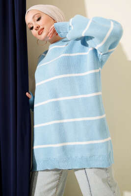 Yatay Çizgili Balon Kol Triko Tunik Mavi 