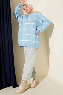 Yatay Çizgili Balon Kol Triko Tunik Mavi - Günün Seçilenleri