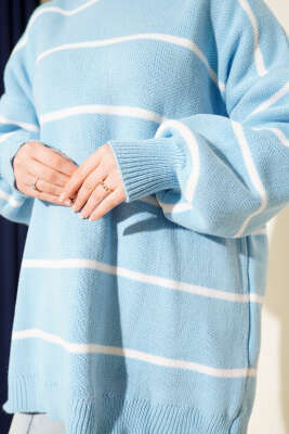 Yatay Çizgili Balon Kol Triko Tunik Mavi - Günün Seçilenleri