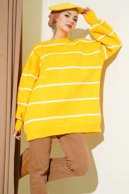 Yatay Çizgili Balon Kol Triko Tunik Sarı - RAFİMİX