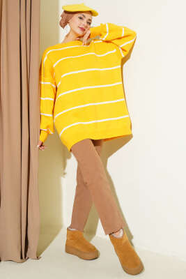 Yatay Çizgili Balon Kol Triko Tunik Sarı - Tunik