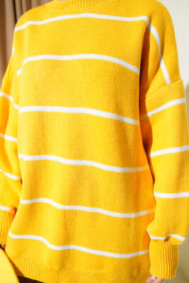 Yatay Çizgili Balon Kol Triko Tunik Sarı - Tunik